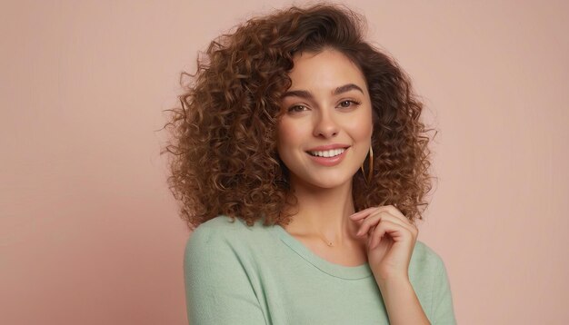 une femme aux cheveux bouclés et une chemise verte pose pour une photo