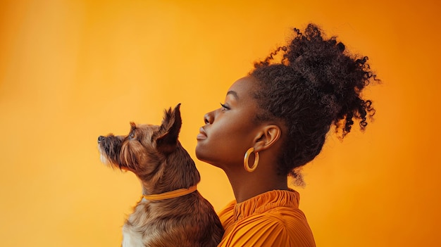 Femme aux cheveux bouclés et un chien dans un fond orange colorisme vibrant