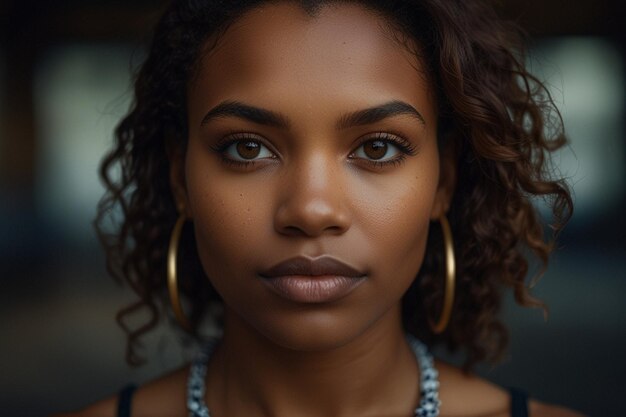 une femme aux cheveux bouclés et un collier sur