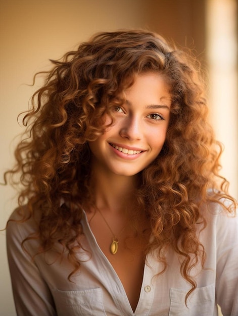 une femme aux cheveux bouclés et un collier