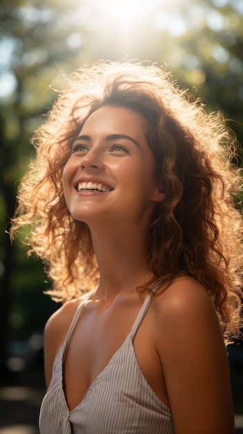 Une femme aux cheveux bouclés dans une robe blanche regardant le soleil