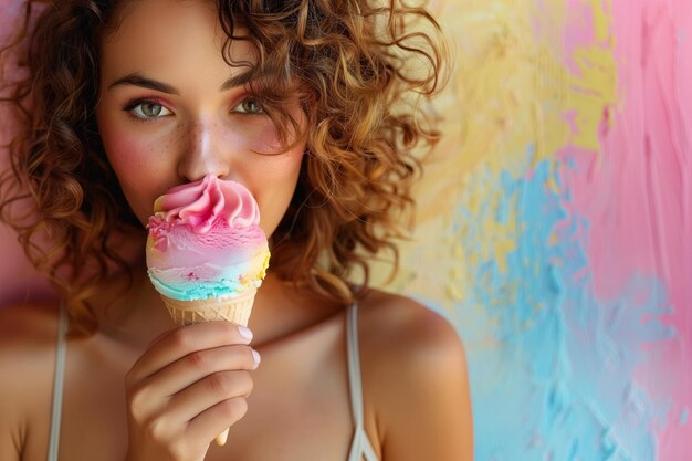 Une femme aux cheveux bouclés déguste une crème glacée rose et bleue