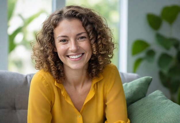 une femme aux cheveux bouclés est assise sur un canapé avec un oreiller vert