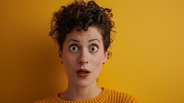 Une femme aux cheveux bouclés sur un fond jaune.