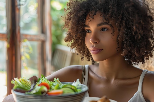 une femme aux cheveux bouclés mange une salade