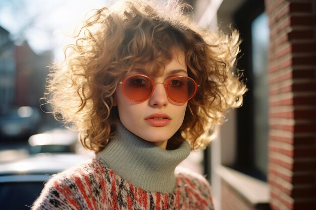 une femme aux cheveux bouclés portant des lunettes de soleil