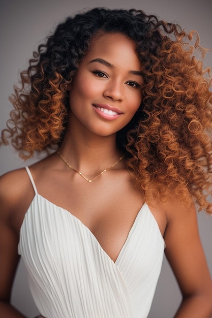 Une femme aux cheveux bouclés portant une robe blanche