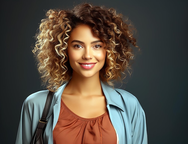 une femme aux cheveux bouclés portant une veste bleue.