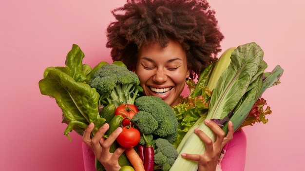 Une femme aux cheveux bouclés rayonne de joie alors qu'elle embrasse la générosité des légumes frais biologiques symbolisant