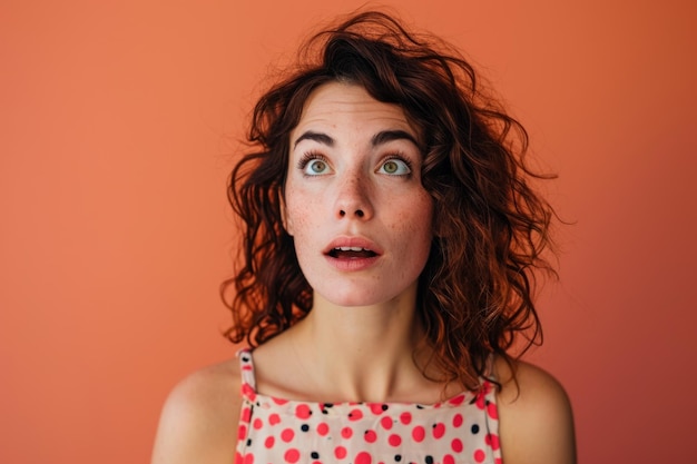 Photo une femme aux cheveux bouclés à la recherche surpris sur un fond orange