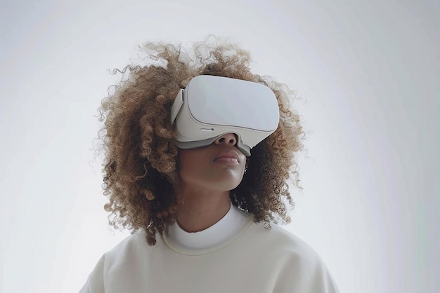 Une femme aux cheveux bouclés regardant autour d'elle dans des lunettes de réalité virtuelle dans une pièce blanche