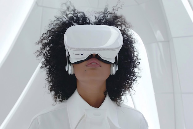 Une femme aux cheveux bouclés regardant autour d'elle dans des lunettes de réalité virtuelle dans une pièce blanche