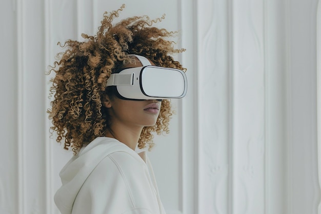 Une femme aux cheveux bouclés regardant autour d'elle dans des lunettes de réalité virtuelle dans une pièce blanche