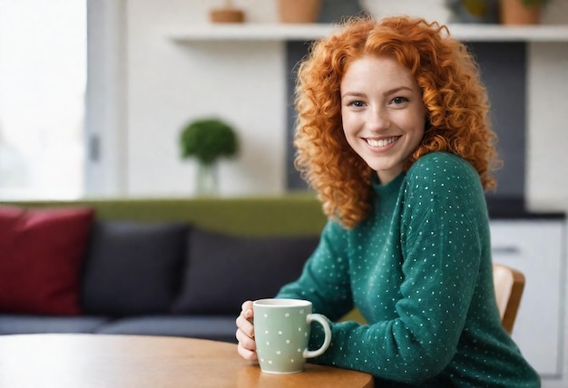 une femme aux cheveux bouclés rouges est assise à une table avec une tasse de café