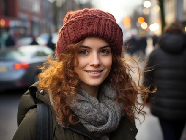 une femme aux cheveux bouclés rouges portant un chapeau et une écharpe