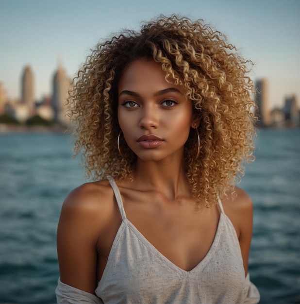 une femme aux cheveux bouclés se tient devant l'horizon de la ville