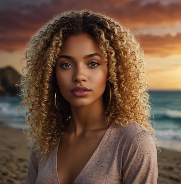 une femme aux cheveux bouclés se tient sur une plage avec le soleil derrière elle