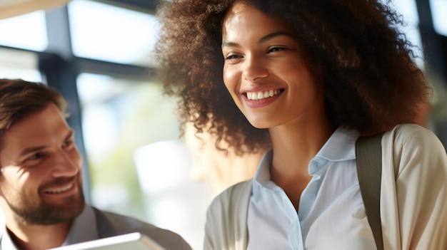 Une femme aux cheveux bouclés souriant devant un groupe de personnes