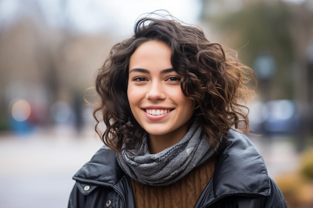 une femme aux cheveux bouclés souriant et portant un foulard