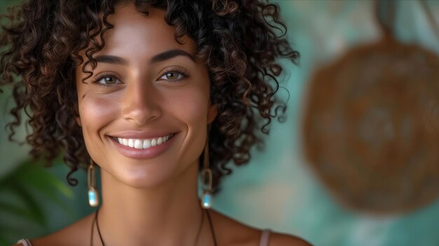 Une femme aux cheveux bouclés souriante