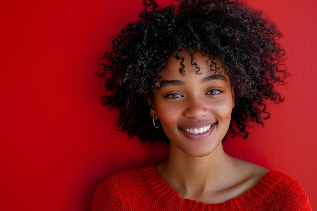 Une femme aux cheveux bouclés sourit à la caméra.