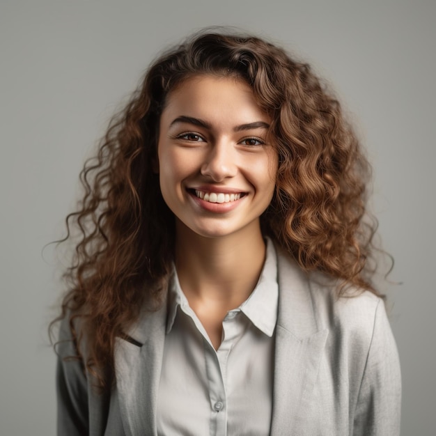 Une femme aux cheveux bouclés sourit à la caméra.