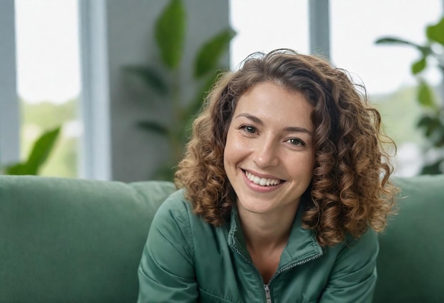 une femme aux cheveux bouclés sourit sur un canapé vert