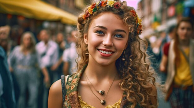 Une femme aux cheveux bouclés sourit dans une rue bondée.