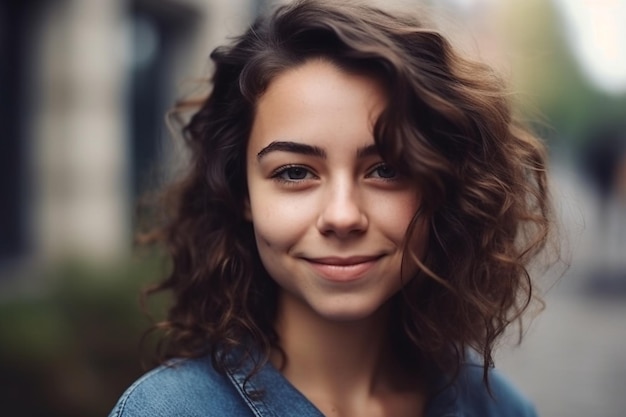 Une femme aux cheveux bouclés sourit devant un immeuble.