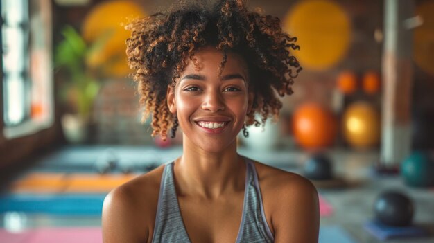 Une femme aux cheveux bouclés sourit directement à la caméra.