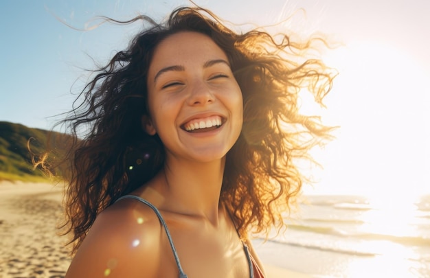 Une femme aux cheveux bouclés sourit sur une plage.