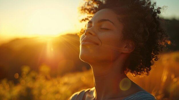 Photo une femme aux cheveux bouclés sourit et regarde le soleil.