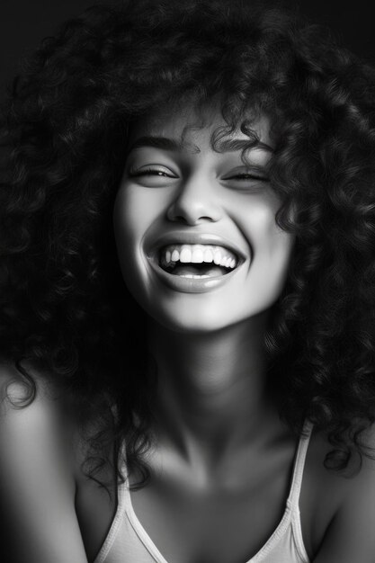 Une femme aux cheveux bouclés sourit et sourit.