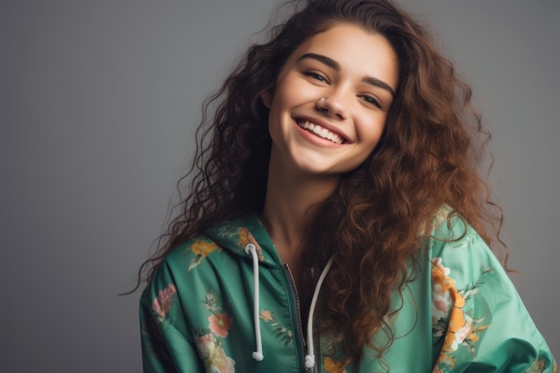 Une femme aux cheveux bouclés sourit et sourit.