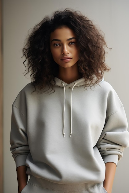 Une femme aux cheveux bouclés en sweat-shirt blanc et en pantalon de sport