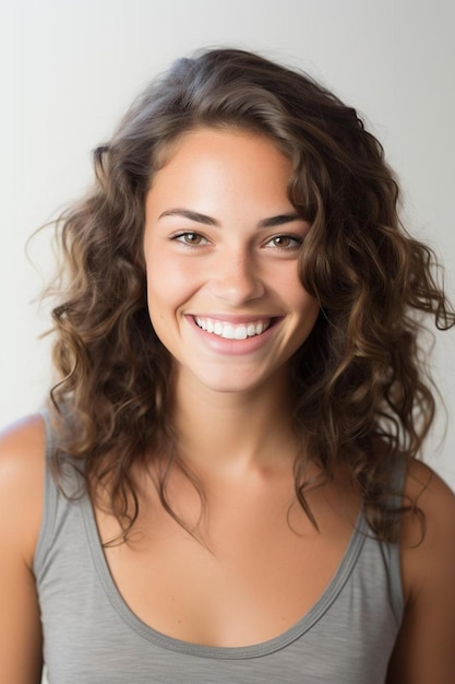 une femme aux cheveux bouclés et un tank top gris