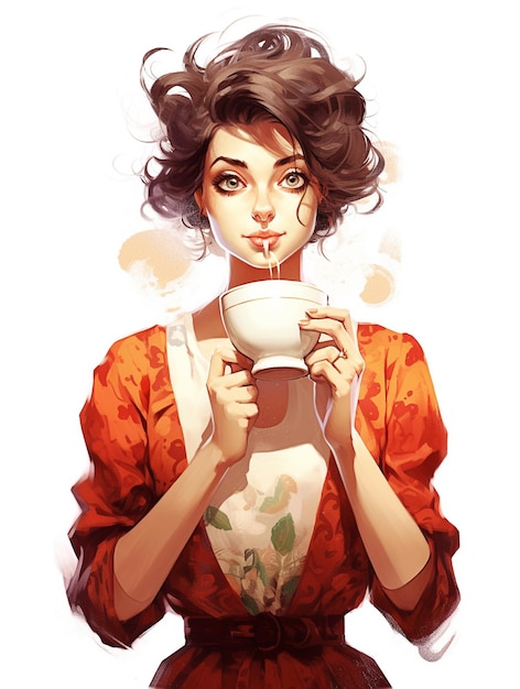 Une femme aux cheveux bouclés et une tasse de café tient une tasse