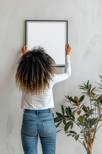 Photo une femme aux cheveux bouclés tient un cadre d'image au mur