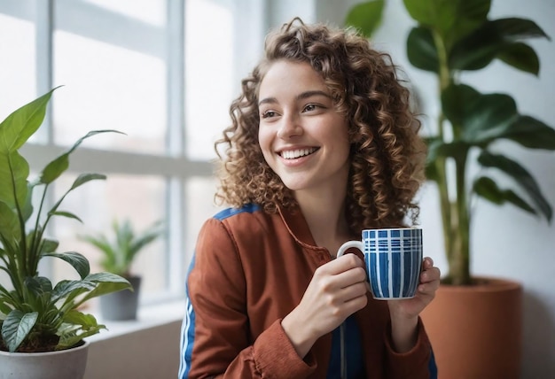 une femme aux cheveux bouclés tient une tasse de café