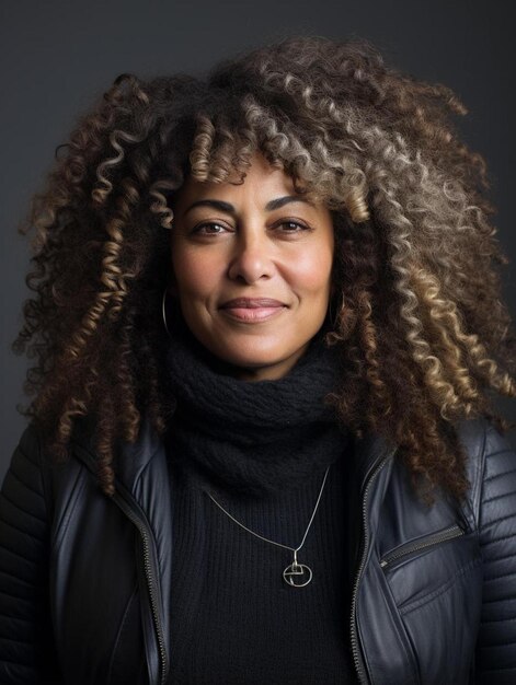 une femme aux cheveux bouclés et une veste avec un bouton sur le devant