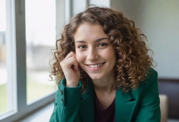 une femme aux cheveux bouclés et une veste verte sourit