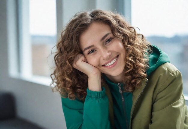 une femme aux cheveux bouclés et une veste verte sourit