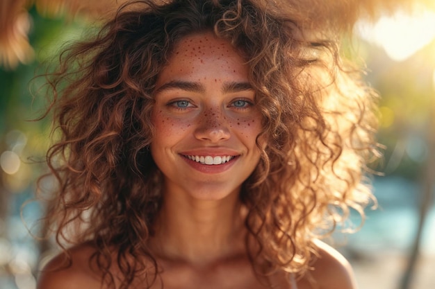 Une femme aux cheveux bouclés vibrants riant dans la verdure luxuriante