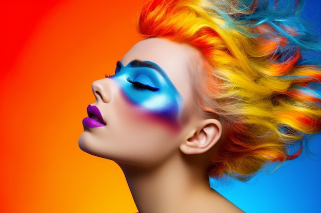 Femme aux cheveux brillants et maquillage bleu et jaune sur son visage Generative AI