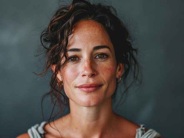 Photo une femme aux cheveux bruns et aux taches de rousseur regardant la caméra.