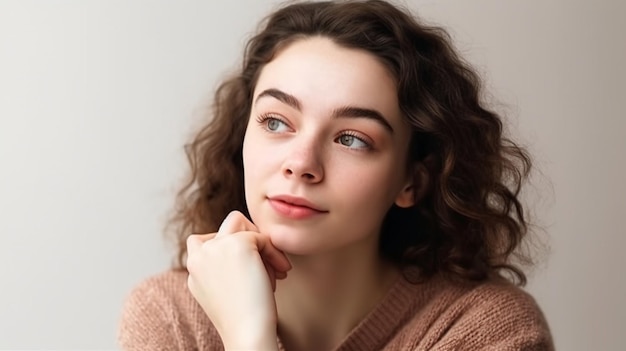 Une femme aux cheveux bruns et un chandail brun regarde au loin.