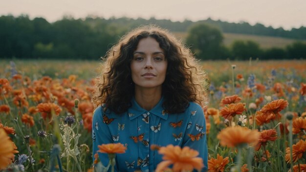 une femme aux cheveux bruns dans un champ de fleurs