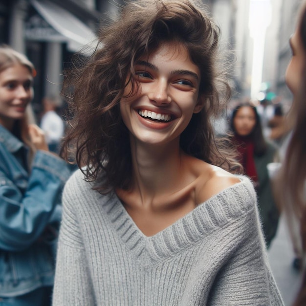 une femme aux cheveux bruns souriante et portant un pull gris