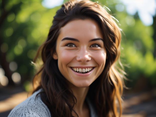 Une femme aux cheveux bruns sourit et sourit.