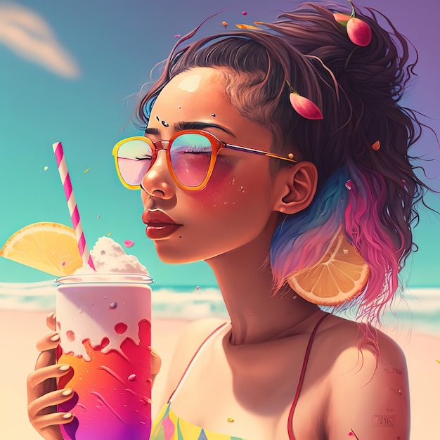 Une femme aux cheveux colorés et aux lunettes de soleil colorées tient un verre sur la plage.